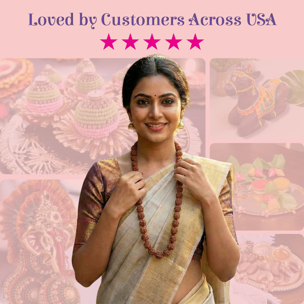 Woman in gold beige saree with certified 5-face Rudraksha Kantha Mala necklace