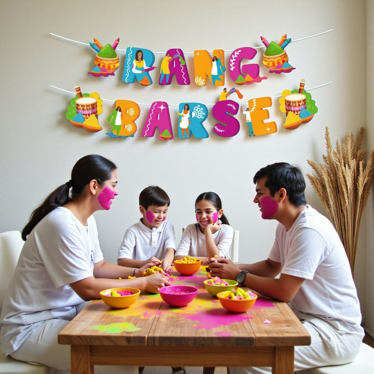 Colorful Rang Barse Holi party banner with drum motifs