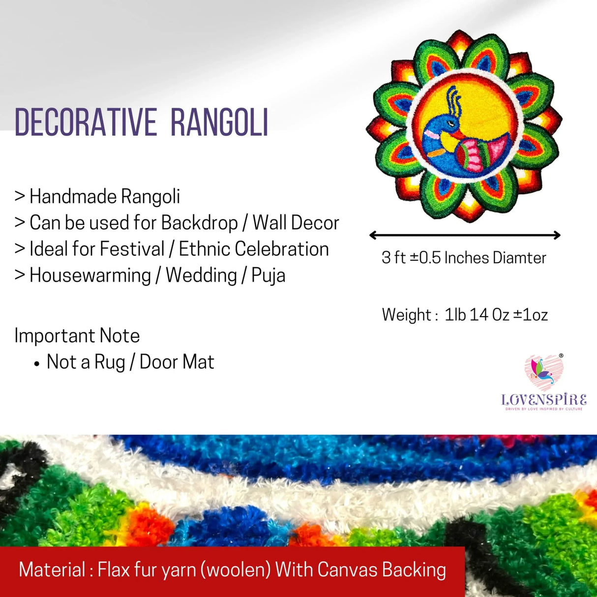 Faux Fur Yarn Wool Peacock Rangoli Mat Canvas Base Aasan Indian Traditional Puja Mat for Home Temple Decor - Multipurpose Pooja Festival Decorations Diwali Decor Housewarming Gift (3 Feet) - LoveNspire