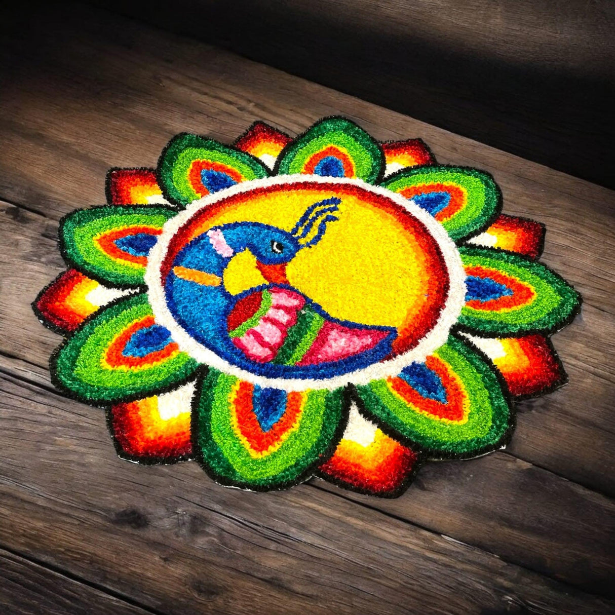 Faux Fur Yarn Wool Peacock Rangoli Mat Canvas Base Aasan Indian Traditional Puja Mat for Home Temple Decor - Multipurpose Pooja Festival Decorations Diwali Decor Housewarming Gift (3 Feet) - LoveNspire