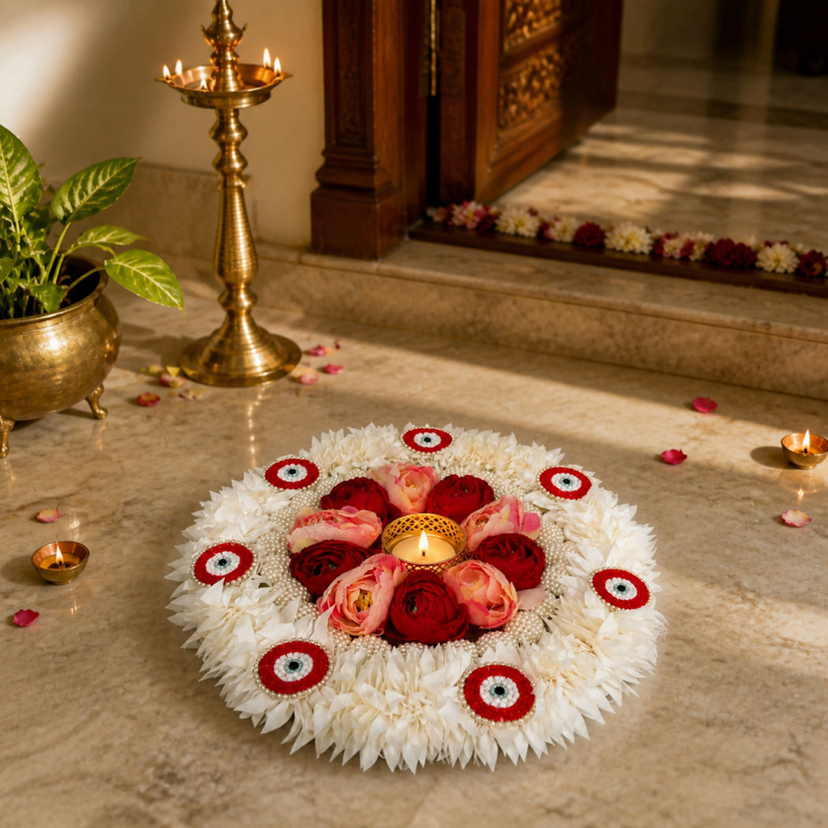 Decorative floral rangoli mat tealight candle holder with white flowers red roses and red white eye embellishments for diwali pooja