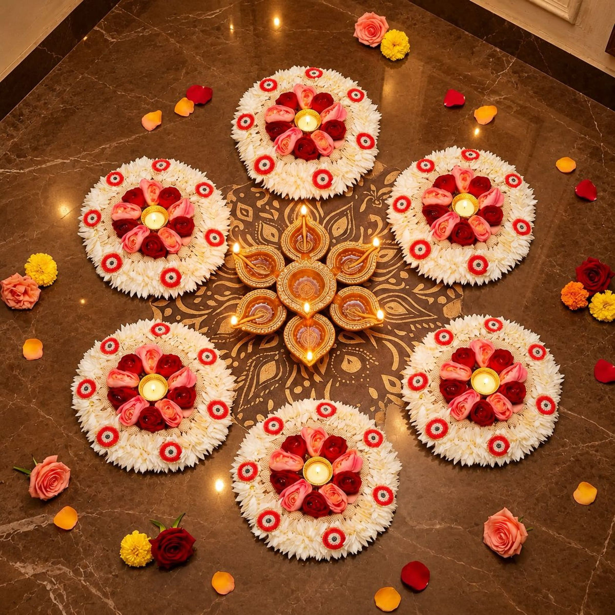 Decorative floral rangoli mat tealight candle holder with white chrysanthemums pink and red roses for diwali pooja and décor