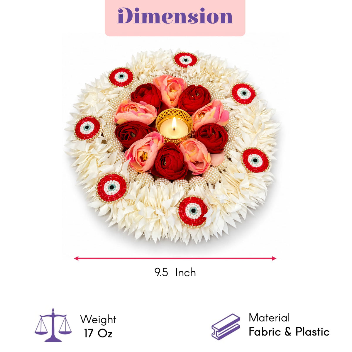 Decorative floral rangoli mat tealight candle holder with white pink roses red embellishments and golden diya stand