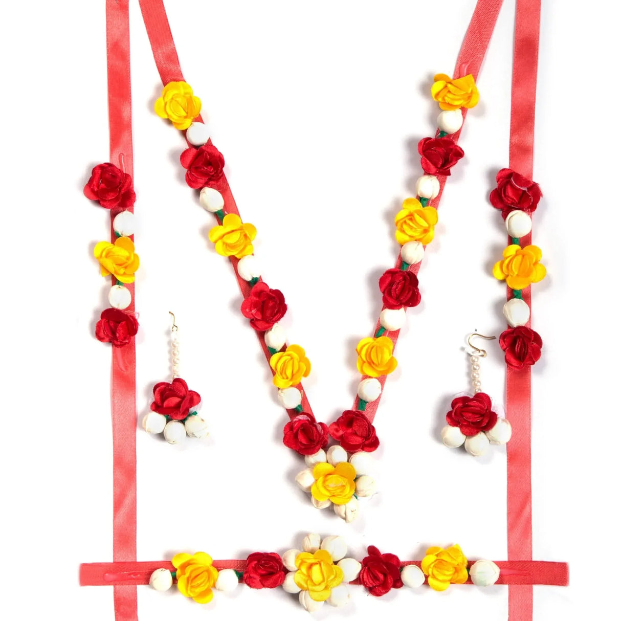 Flower Designer Jewelry Set for Women Handmade Necklace with Earrings Maang Tikka Wristbands Waistbelt Indian Artificial Jewelry for Haldi Mehndi Wedding Party Bridal - LoveNspire