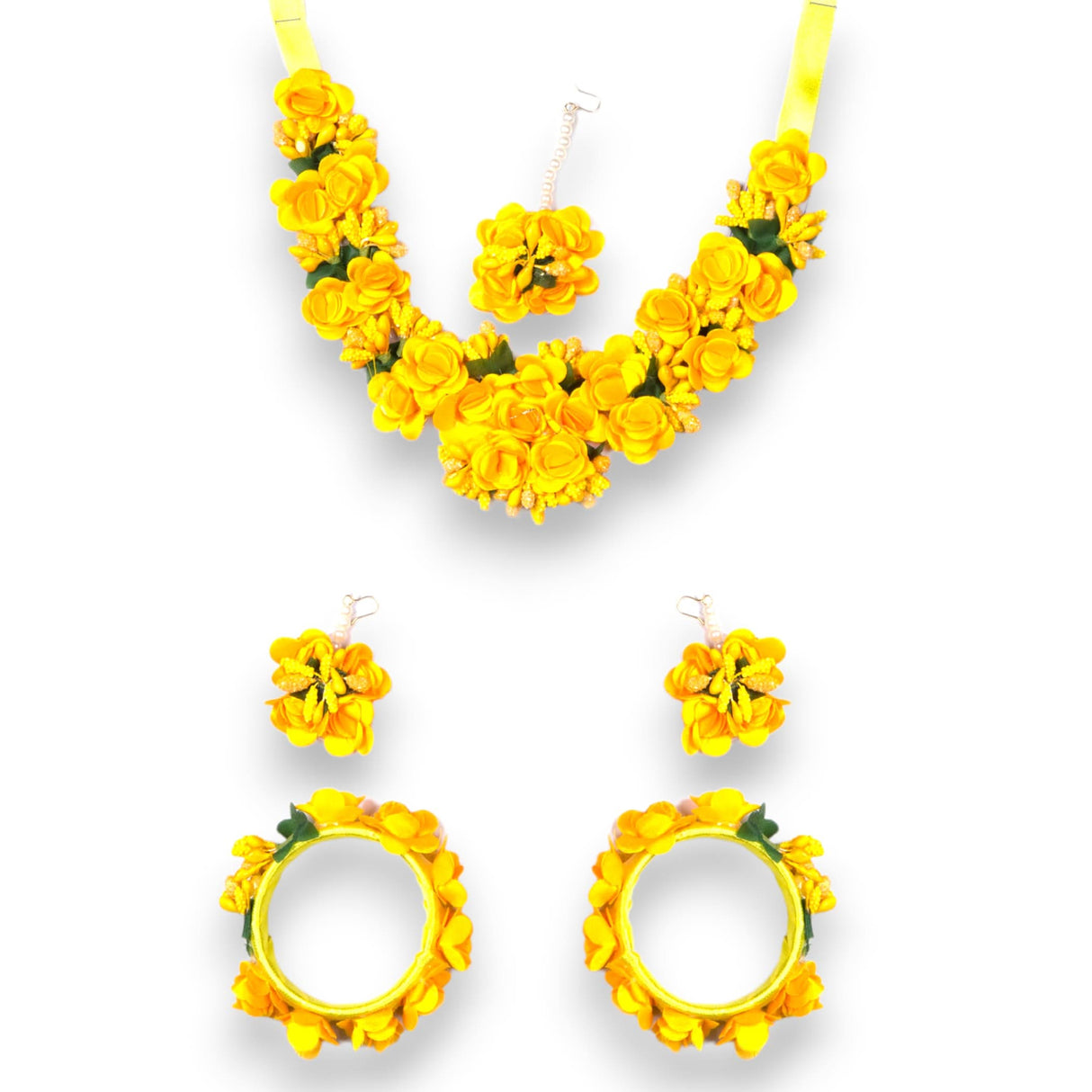 Flower Designer Jewelry Set for Women Handmade Necklace with Earrings Maang Tikka Bracelets Indian Artificial Jewellery for Haldi Mehndi Wedding Party Bridal - LoveNspire