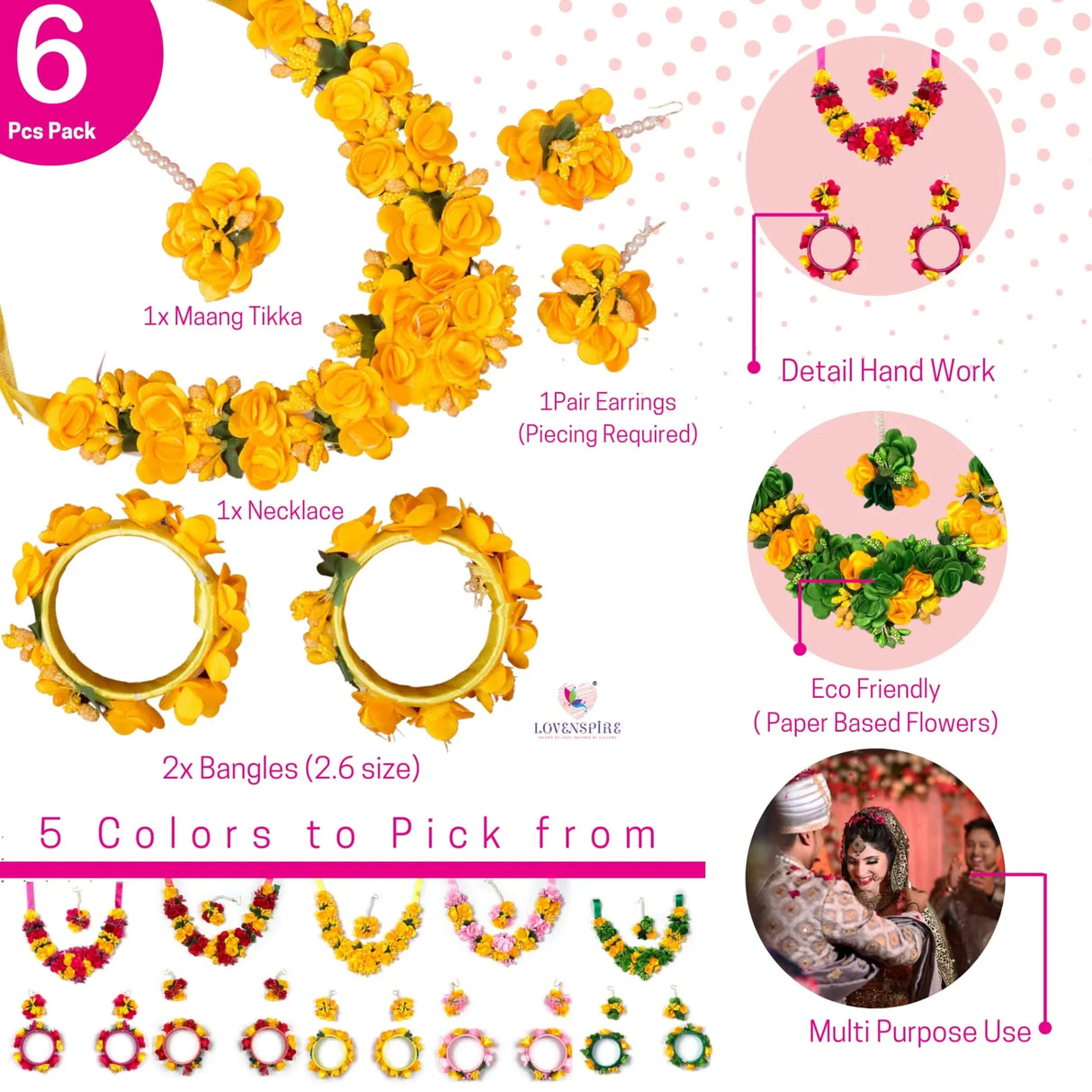 Flower Designer Jewelry Set for Women Handmade Necklace with Earrings Maang Tikka Bracelets Indian Artificial Jewellery for Haldi Mehndi Wedding Party Bridal - LoveNspire