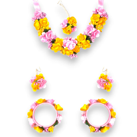 Flower Designer Jewelry Set for Women Handmade Necklace with Earrings Maang Tikka Bracelets Indian Artificial Jewellery for Haldi Mehndi Wedding Party Bridal - LoveNspire