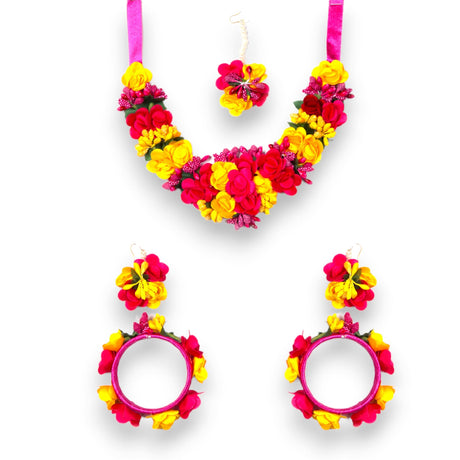 Flower Designer Jewelry Set for Women Handmade Necklace with Earrings Maang Tikka Bracelets Indian Artificial Jewellery for Haldi Mehndi Wedding Party Bridal - LoveNspire