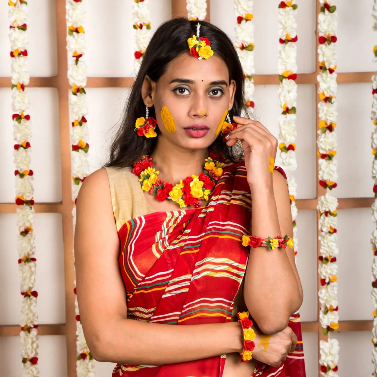 Flower Designer Jewelry Set for Women Handmade Necklace with Earrings Maang Tikka Bracelets Indian Artificial Jewellery for Haldi Mehndi Wedding Party Bridal - LoveNspire