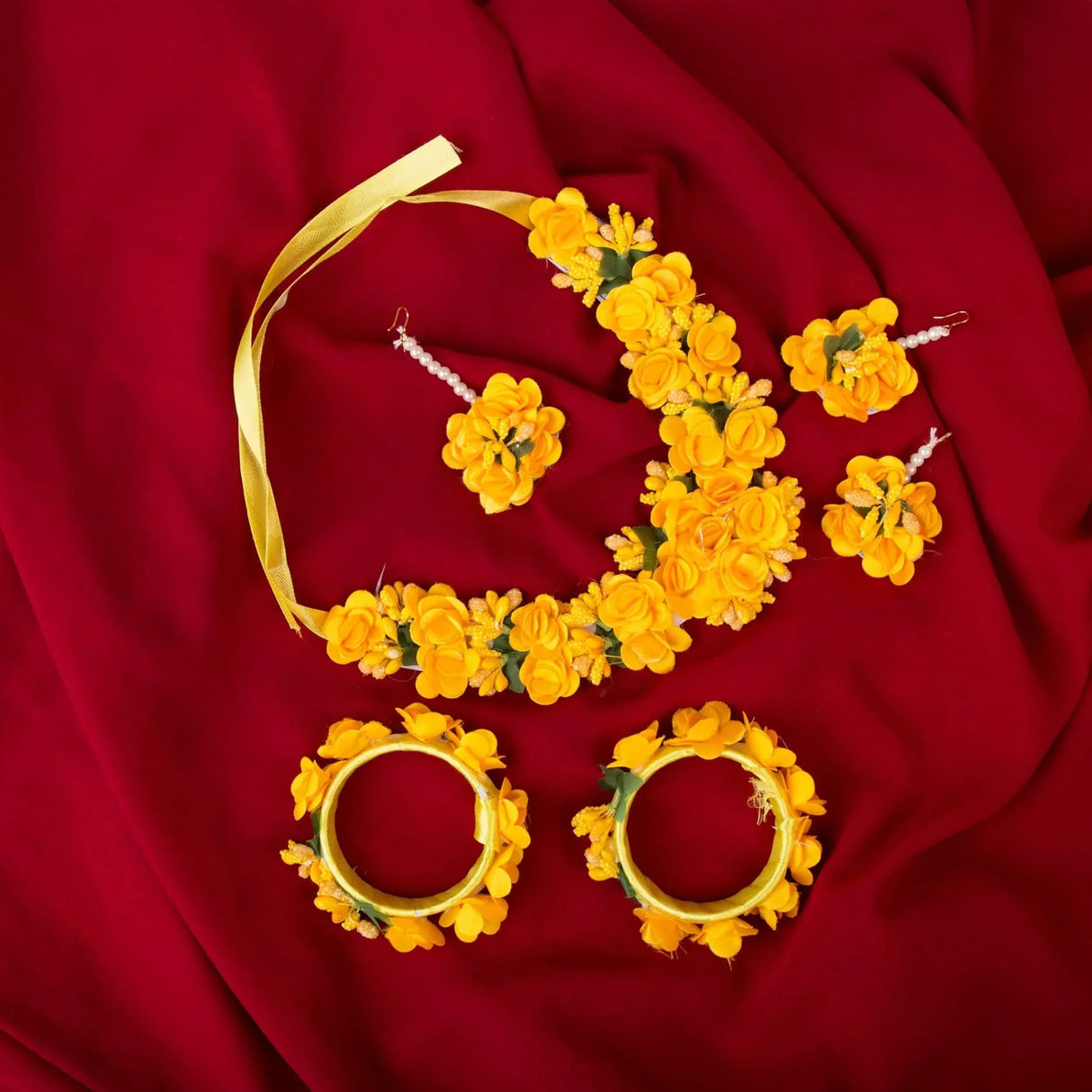 Flower Designer Jewelry Set for Women Handmade Necklace with Earrings Maang Tikka Bracelets Indian Artificial Jewellery for Haldi Mehndi Wedding Party Bridal - LoveNspire