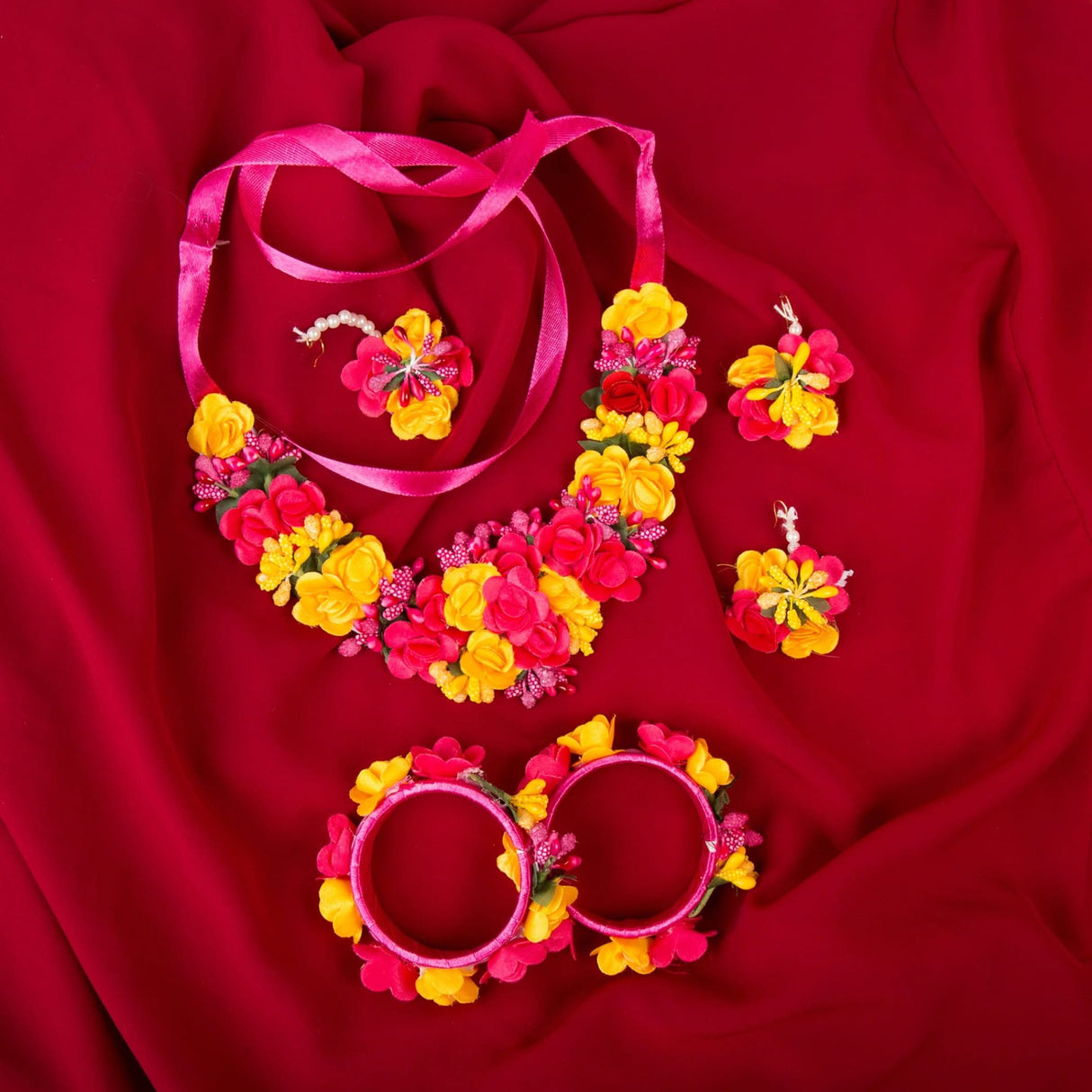 Flower Designer Jewelry Set for Women Handmade Necklace with Earrings Maang Tikka Bracelets Indian Artificial Jewellery for Haldi Mehndi Wedding Party Bridal - LoveNspire