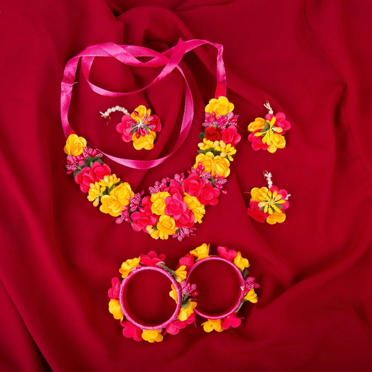 Flower Designer Jewelry Set for Women Handmade Necklace with Earrings Maang Tikka Bracelets Indian Artificial Jewellery for Haldi Mehndi Wedding Party Bridal - LoveNspire