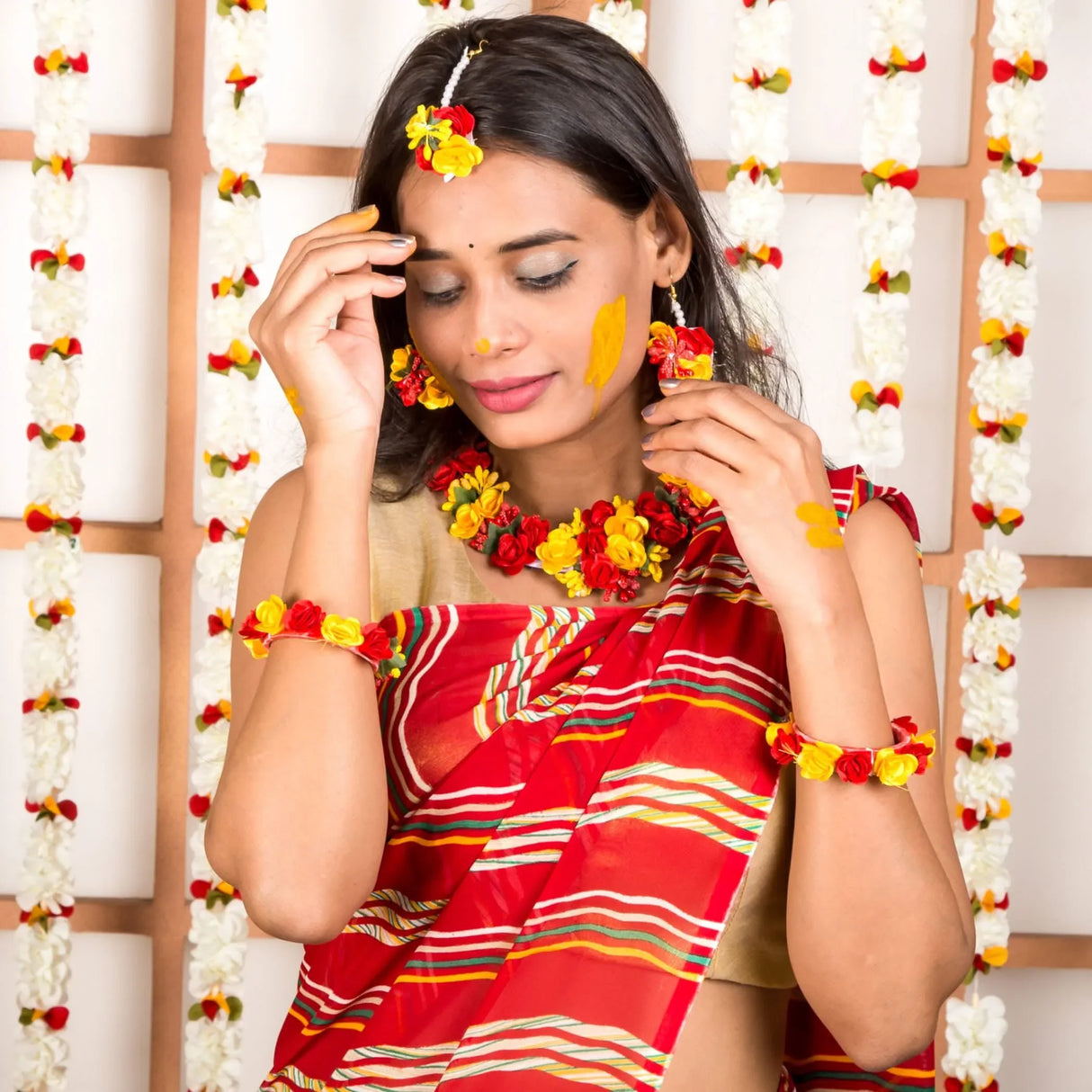 Flower Designer Jewelry Set for Women Handmade Necklace with Earrings Maang Tikka Bracelets Indian Artificial Jewellery for Haldi Mehndi Wedding Party Bridal - LoveNspire