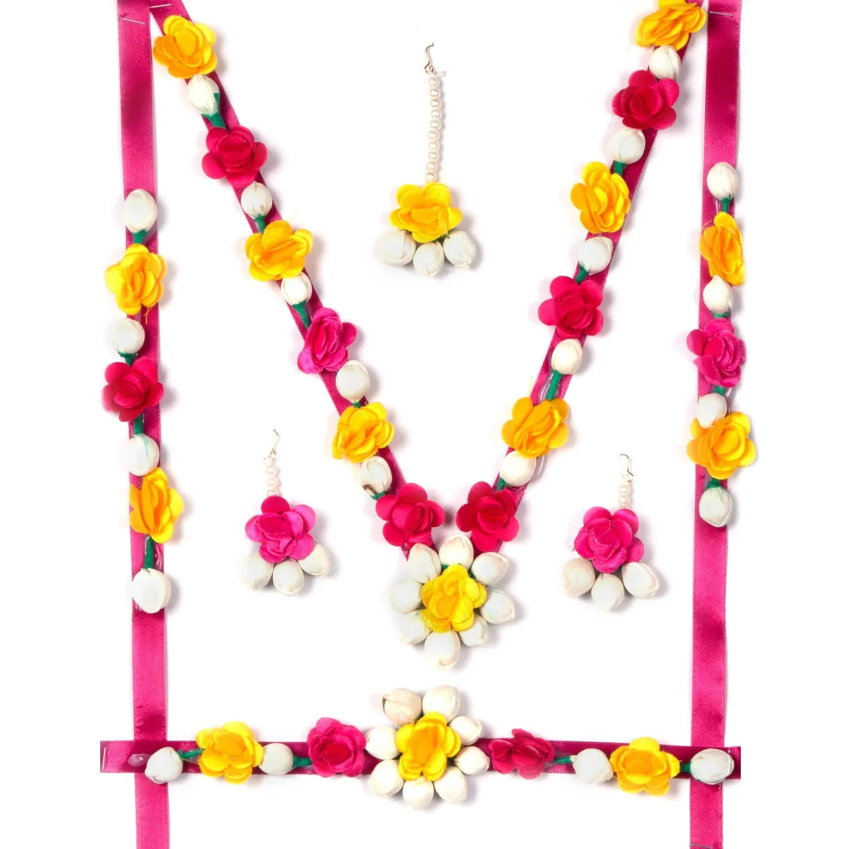 Flower Designer Jewelry Set for Women Handmade Necklace with Earrings Maang Tikka Wristbands Waistbelt Indian Artificial Jewelry for Haldi Mehndi Wedding Party Bridal - LoveNspire