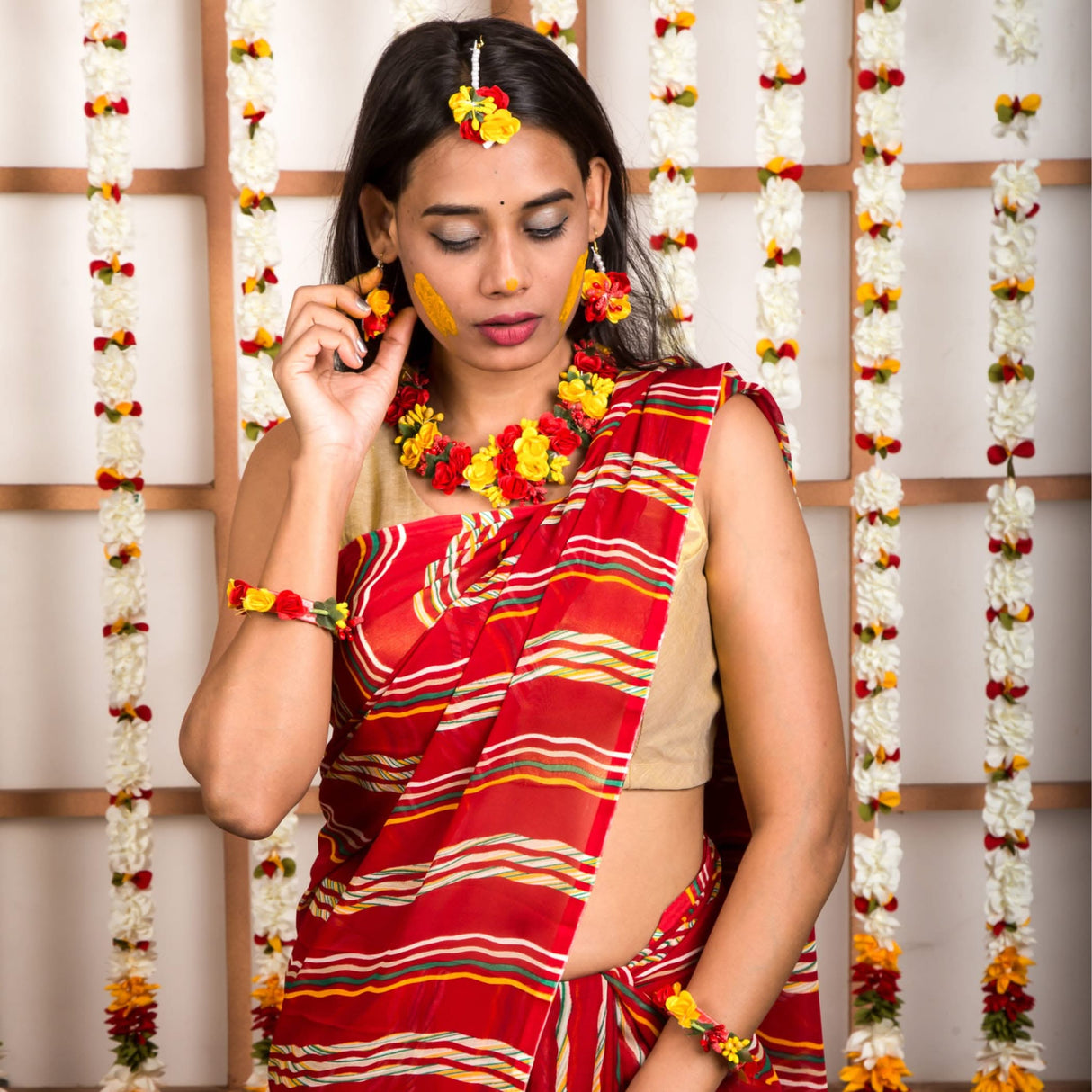 Flower Designer Jewelry Set for Women Handmade Necklace with Earrings Maang Tikka Bracelets Indian Artificial Jewellery for Haldi Mehndi Wedding Party Bridal - LoveNspire