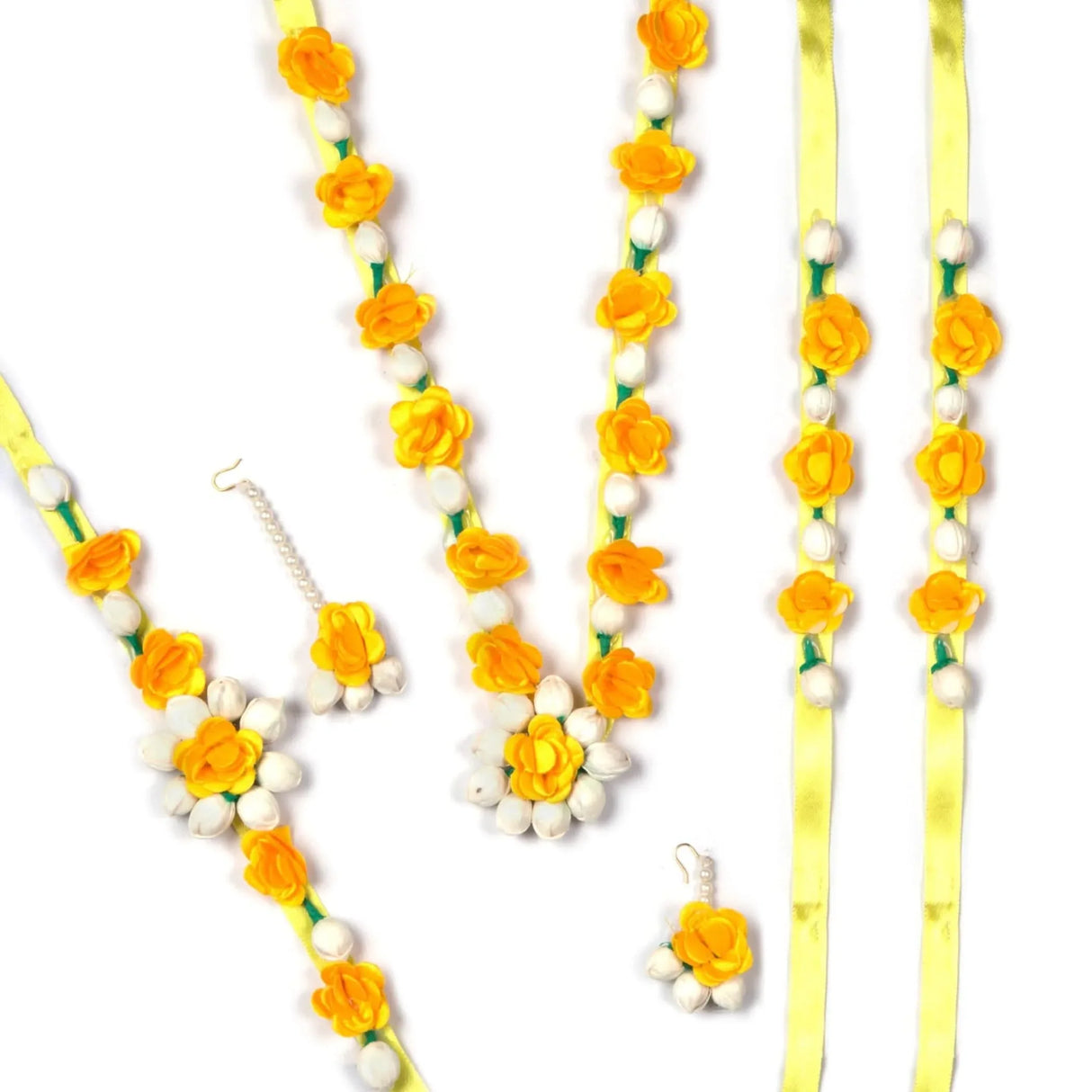 Flower Designer Jewelry Set for Women Handmade Necklace with Earrings Maang Tikka Wristbands Waistbelt Indian Artificial Jewelry for Haldi Mehndi Wedding Party Bridal - LoveNspire