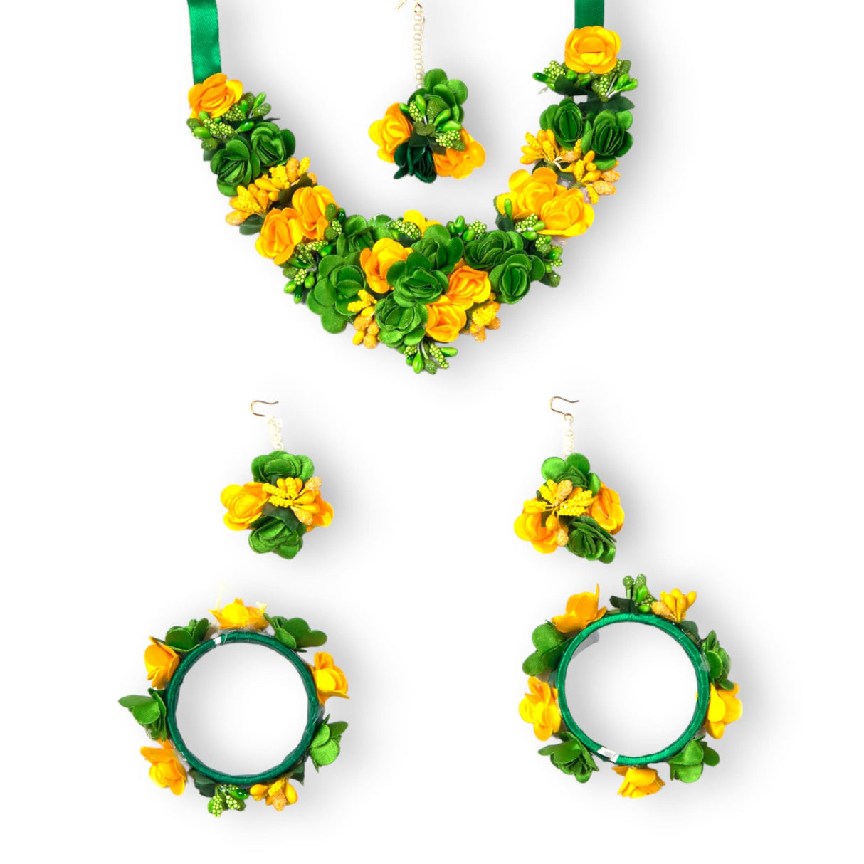 Flower Designer Jewelry Set for Women Handmade Necklace with Earrings Maang Tikka Bracelets Indian Artificial Jewellery for Haldi Mehndi Wedding Party Bridal - LoveNspire