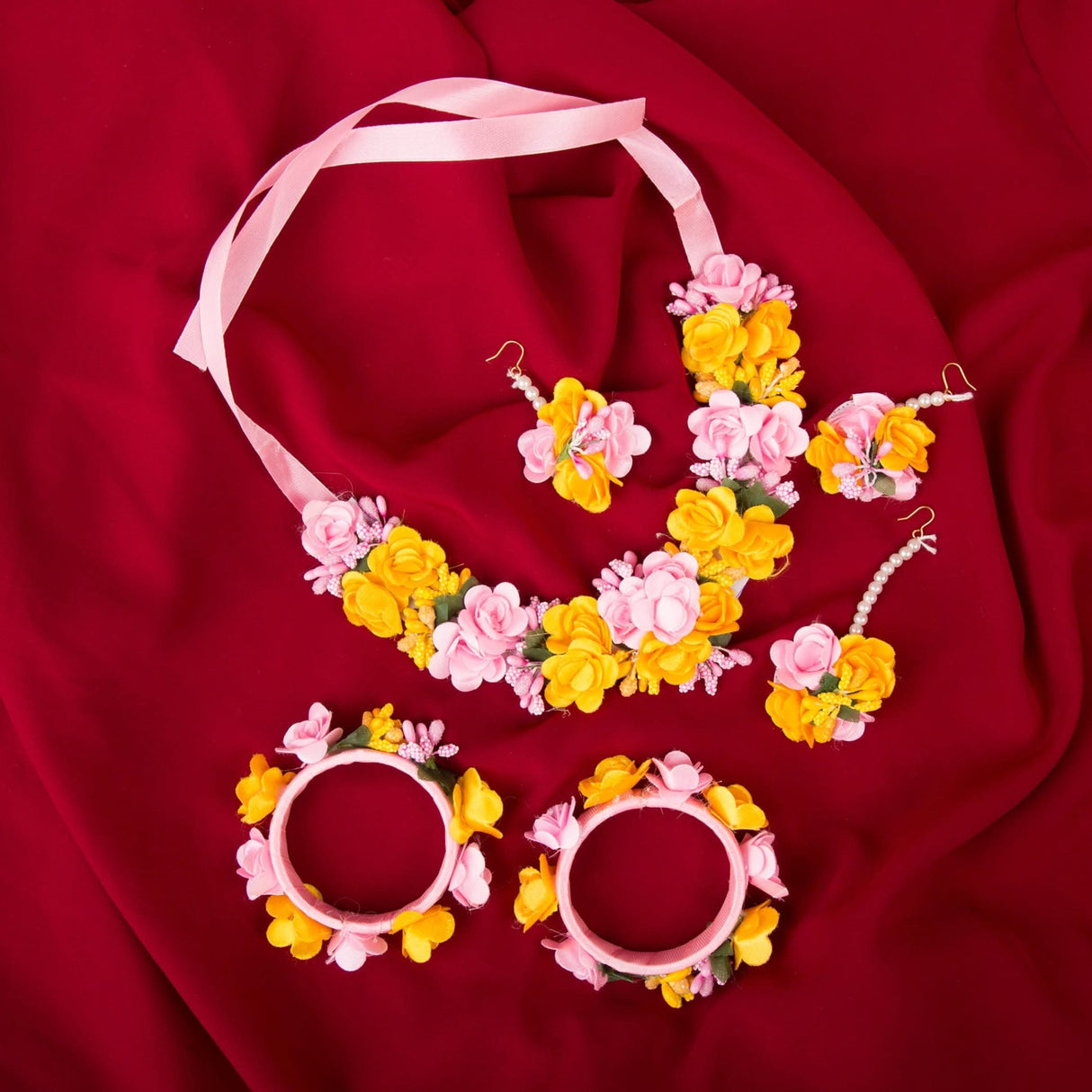 Flower Designer Jewelry Set for Women Handmade Necklace with Earrings Maang Tikka Bracelets Indian Artificial Jewellery for Haldi Mehndi Wedding Party Bridal - LoveNspire