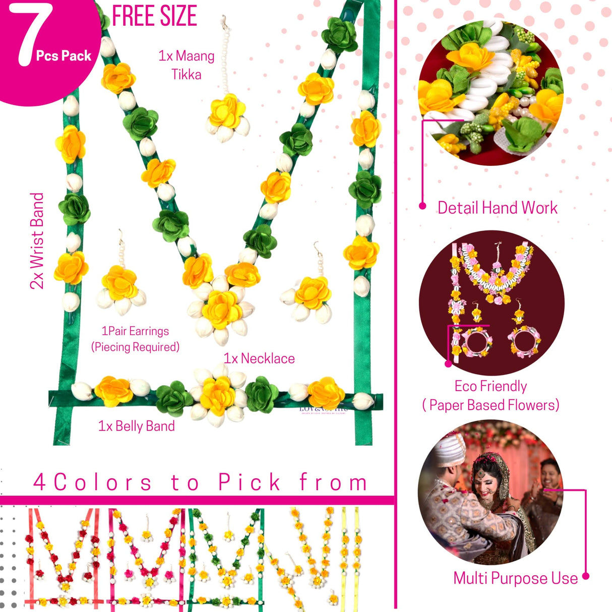 Flower Designer Jewelry Set for Women Handmade Necklace with Earrings Maang Tikka Wristbands Waistbelt Indian Artificial Jewelry for Haldi Mehndi Wedding Party Bridal - LoveNspire