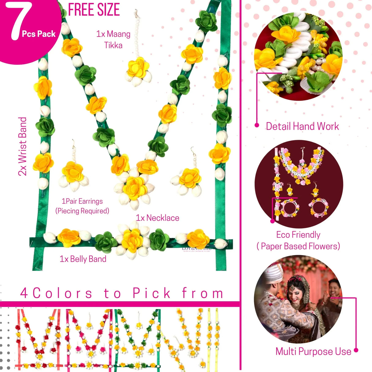 Flower Designer Jewelry Set for Women Handmade Necklace with Earrings Maang Tikka Wristbands Waistbelt Indian Artificial Jewelry for Haldi Mehndi Wedding Party Bridal - LoveNspire