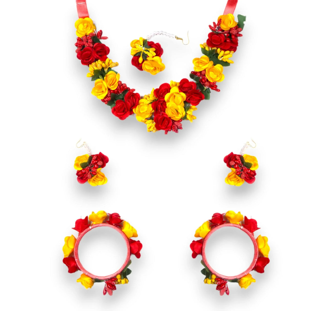 Flower Designer Jewelry Set for Women Handmade Necklace with Earrings Maang Tikka Bracelets Indian Artificial Jewellery for Haldi Mehndi Wedding Party Bridal - LoveNspire