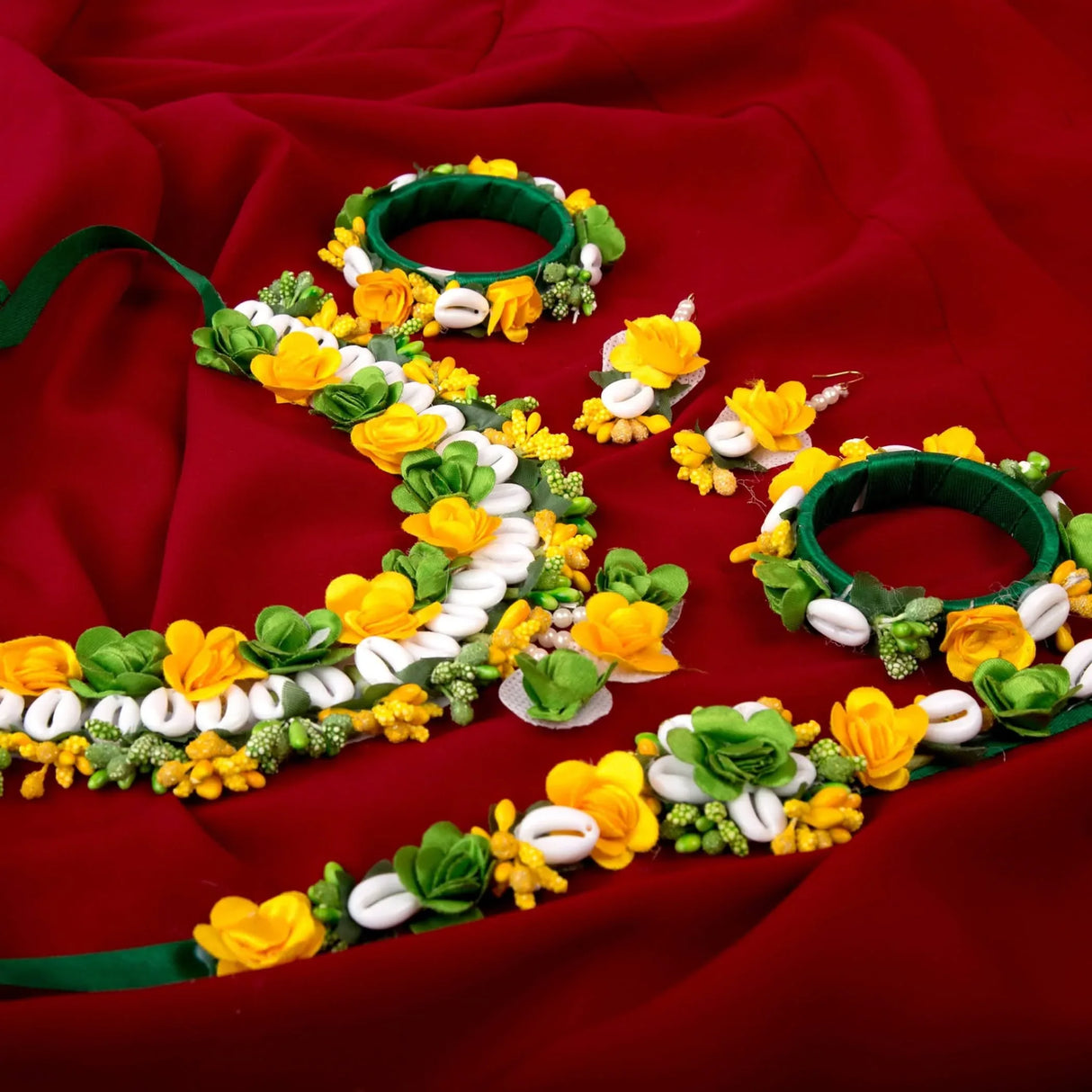 Flower Designer Shells Jewelry Set for Women Handmade Necklace with Earrings Maang Tikka Bracelet Waistbelt Indian Artificial Jewellery for Haldi Mehndi Wedding Party Bridal - LoveNspire