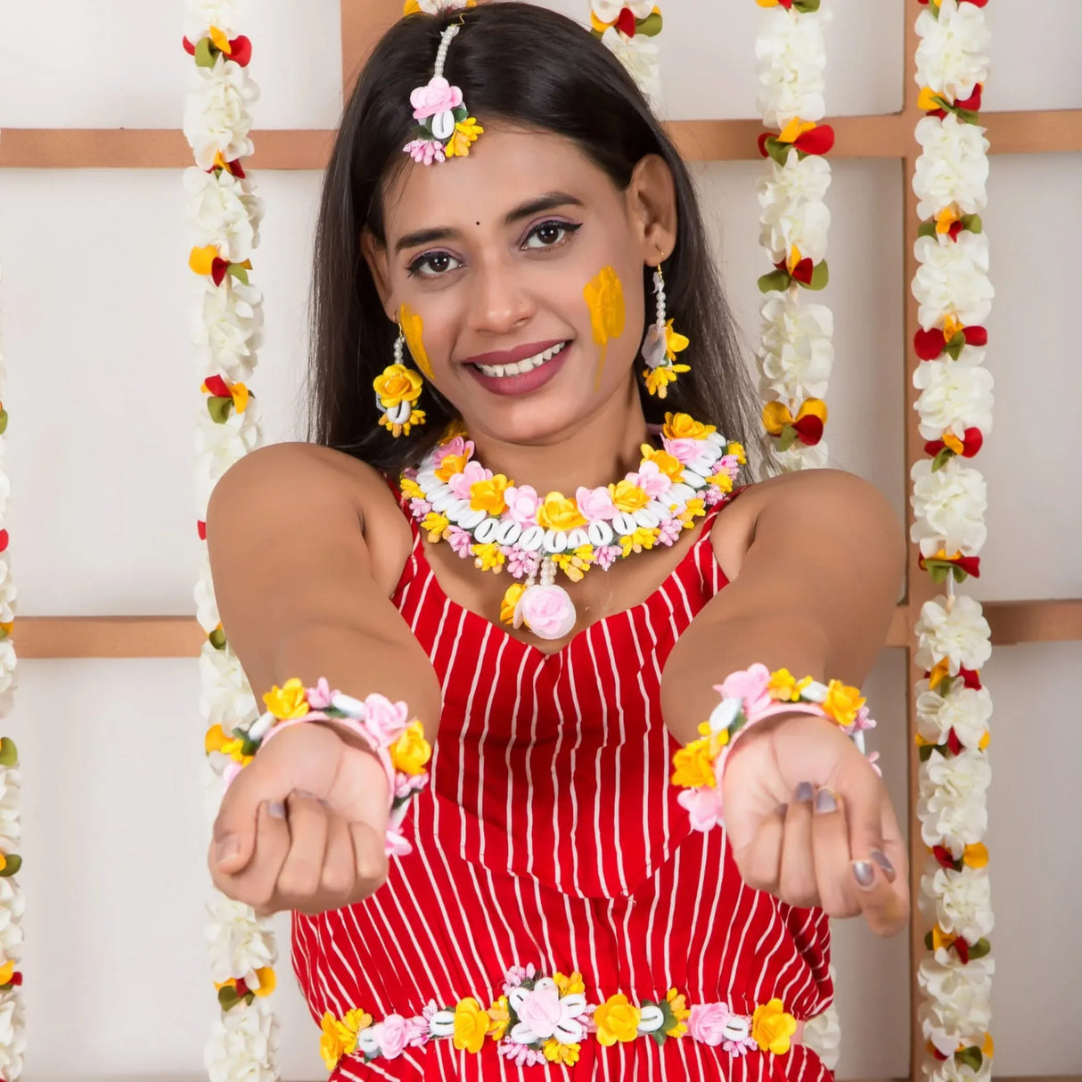 Flower Designer Shells Jewelry Set for Women Handmade Necklace with Earrings Maang Tikka Bracelet Waistbelt Indian Artificial Jewellery for Haldi Mehndi Wedding Party Bridal - LoveNspire