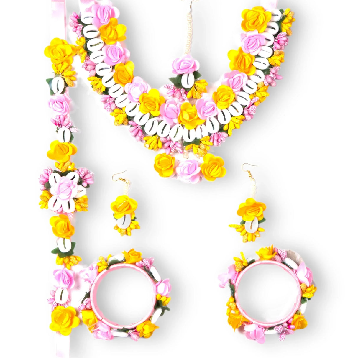 Flower Designer Shells Jewelry Set for Women Handmade Necklace with Earrings Maang Tikka Bracelet Waistbelt Indian Artificial Jewellery for Haldi Mehndi Wedding Party Bridal - LoveNspire