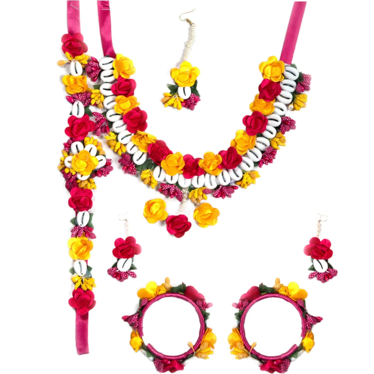 Flower Designer Shells Jewelry Set for Women Handmade Necklace with Earrings Maang Tikka Bracelet Waistbelt Indian Artificial Jewellery for Haldi Mehndi Wedding Party Bridal - LoveNspire