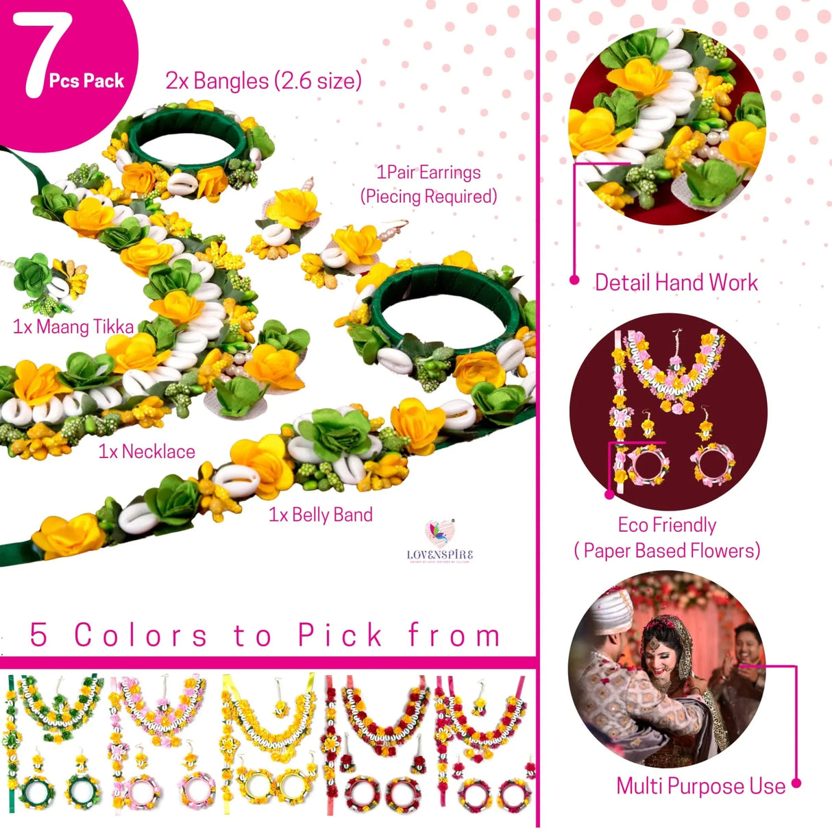 Flower Designer Shells Jewelry Set for Women Handmade Necklace with Earrings Maang Tikka Bracelet Waistbelt Indian Artificial Jewellery for Haldi Mehndi Wedding Party Bridal - LoveNspire