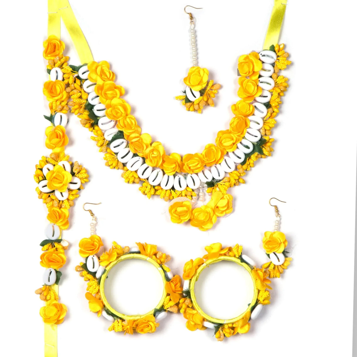 Flower Designer Shells Jewelry Set for Women Handmade Necklace with Earrings Maang Tikka Bracelet Waistbelt Indian Artificial Jewellery for Haldi Mehndi Wedding Party Bridal - LoveNspire