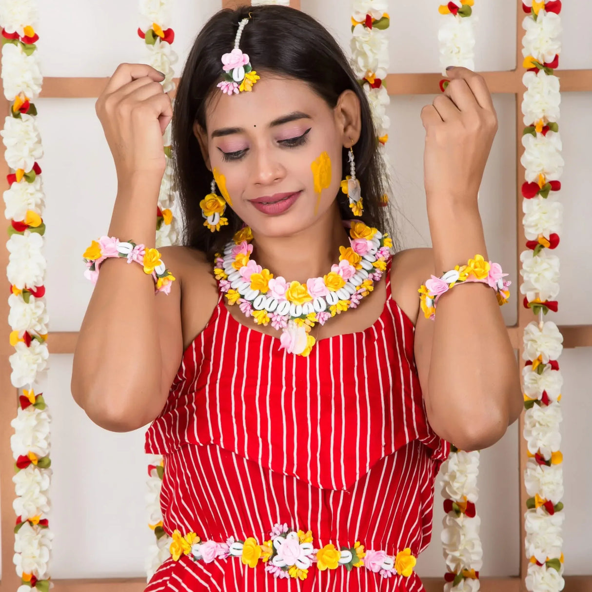 Flower Designer Shells Jewelry Set for Women Handmade Necklace with Earrings Maang Tikka Bracelet Waistbelt Indian Artificial Jewellery for Haldi Mehndi Wedding Party Bridal - LoveNspire