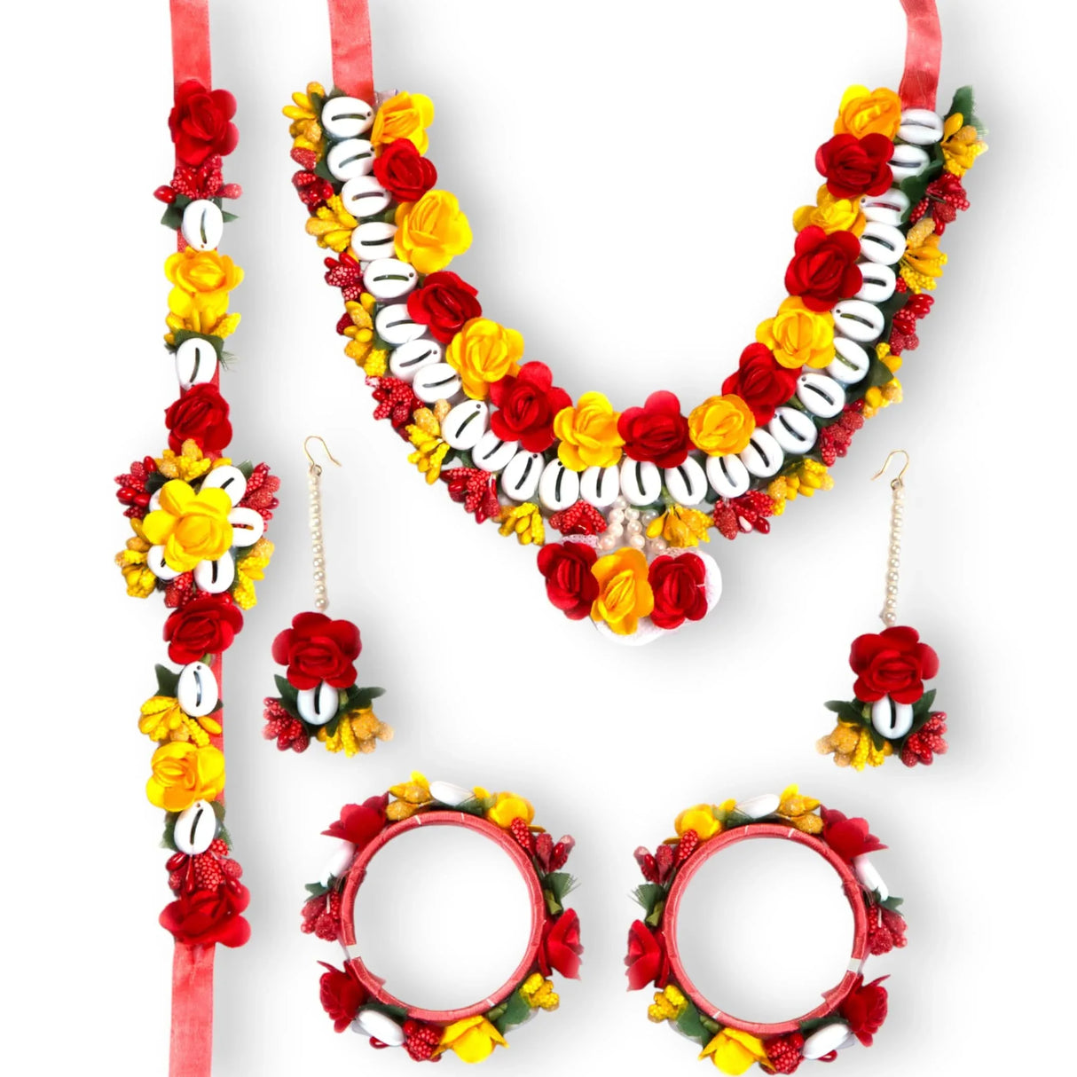 Flower Designer Shells Jewelry Set for Women Handmade Necklace with Earrings Maang Tikka Bracelet Waistbelt Indian Artificial Jewellery for Haldi Mehndi Wedding Party Bridal - LoveNspire