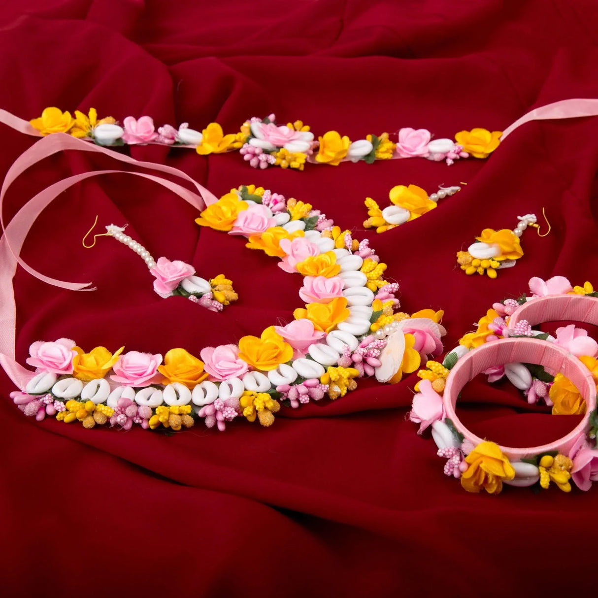 Flower Designer Shells Jewelry Set for Women Handmade Necklace with Earrings Maang Tikka Bracelet Waistbelt Indian Artificial Jewellery for Haldi Mehndi Wedding Party Bridal - LoveNspire