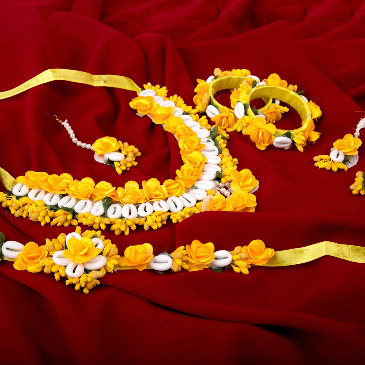 Flower Designer Shells Jewelry Set for Women Handmade Necklace with Earrings Maang Tikka Bracelet Waistbelt Indian Artificial Jewellery for Haldi Mehndi Wedding Party Bridal - LoveNspire