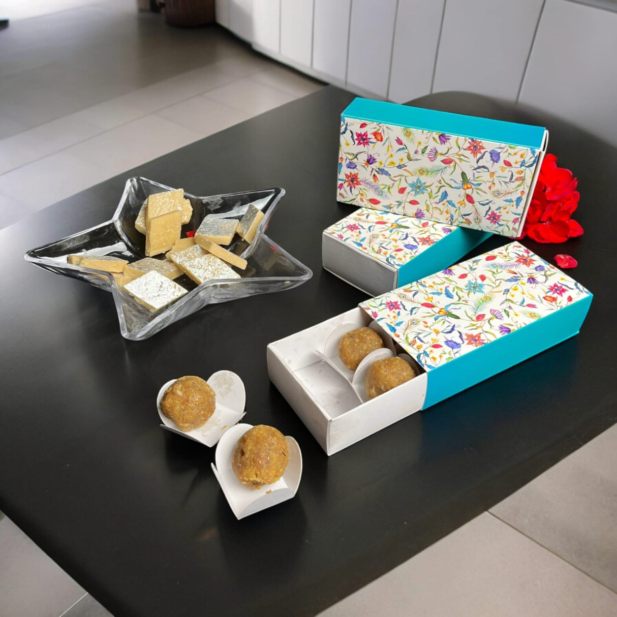 Sweet Boxes for Indian Sweets Flower Design Empty Mithai Box with Lid for Cookies Goodies Candy Handmade Bulk Gift Boxes - Favor Box for Wedding Pooja Baby Shower Housewarming Return Gifts - LoveNspire