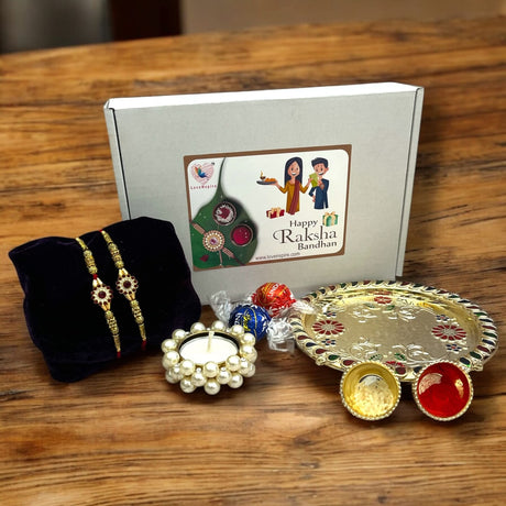Raksha Bandhan gift set with Flower Rakhi, traditional Puja plate, and accessories