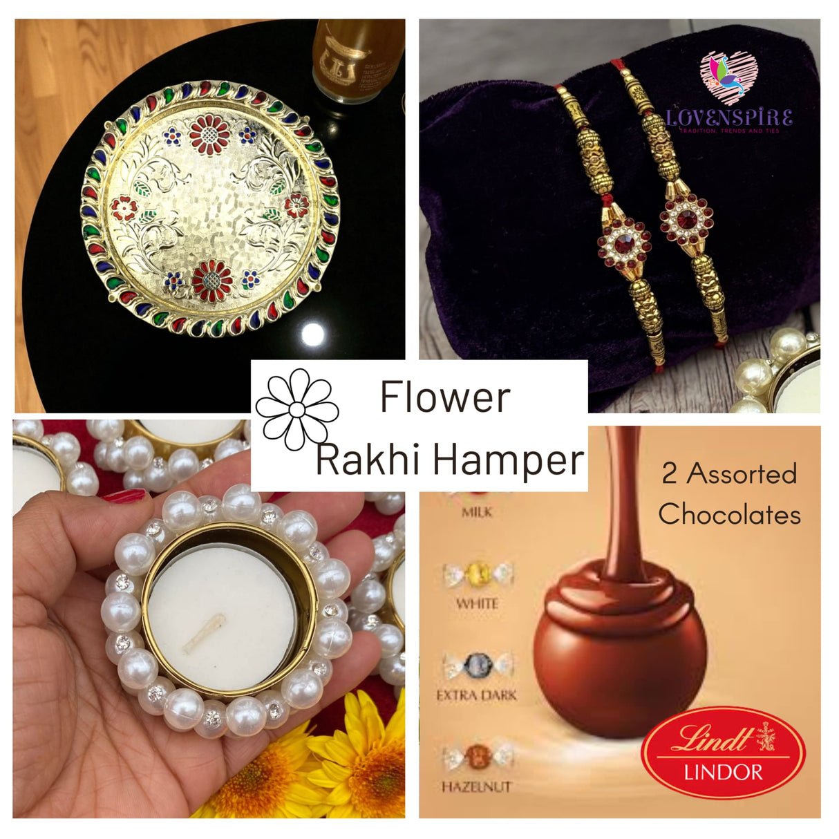 Flower Rakhi Gift Hamper with Rakhi for Brother, Traditional Puja Plate, and Gifts
