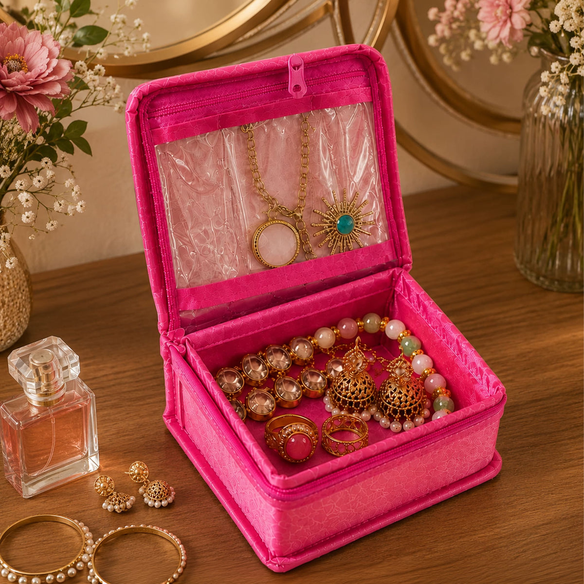 Vibrant pink velvet floral print satin jewelry box with clear plastic window and zipper closure for travel and gifting