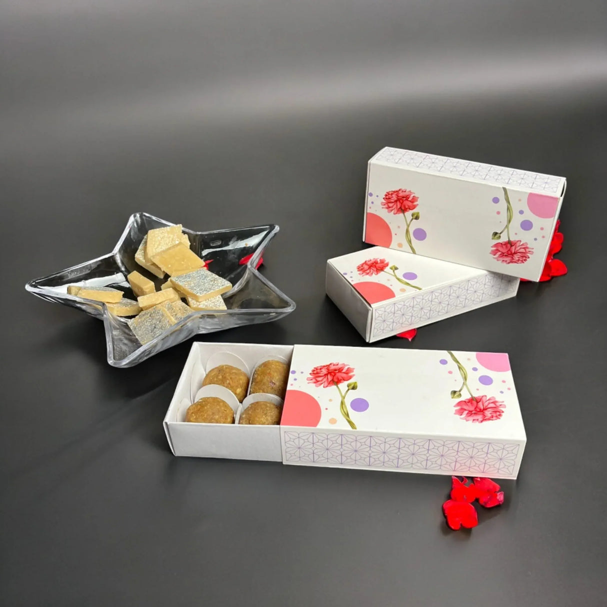 Sweet Boxes for Indian Sweets Peony Flower Design Empty Mithai Box with Lid for Cookies Goodies Candy Handmade Bulk Favor Boxes for Wedding Pooja Baby Shower Housewarming Return Gifts - LoveNspire