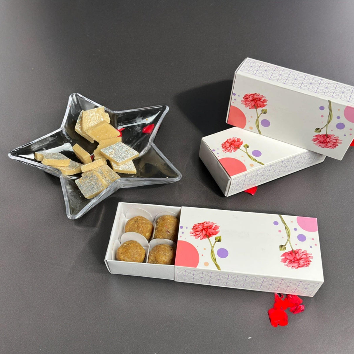 Sweet Boxes for Indian Sweets Peony Flower Design Empty Mithai Box with Lid for Cookies Goodies Candy Handmade Bulk Favor Boxes for Wedding Pooja Baby Shower Housewarming Return Gifts - LoveNspire