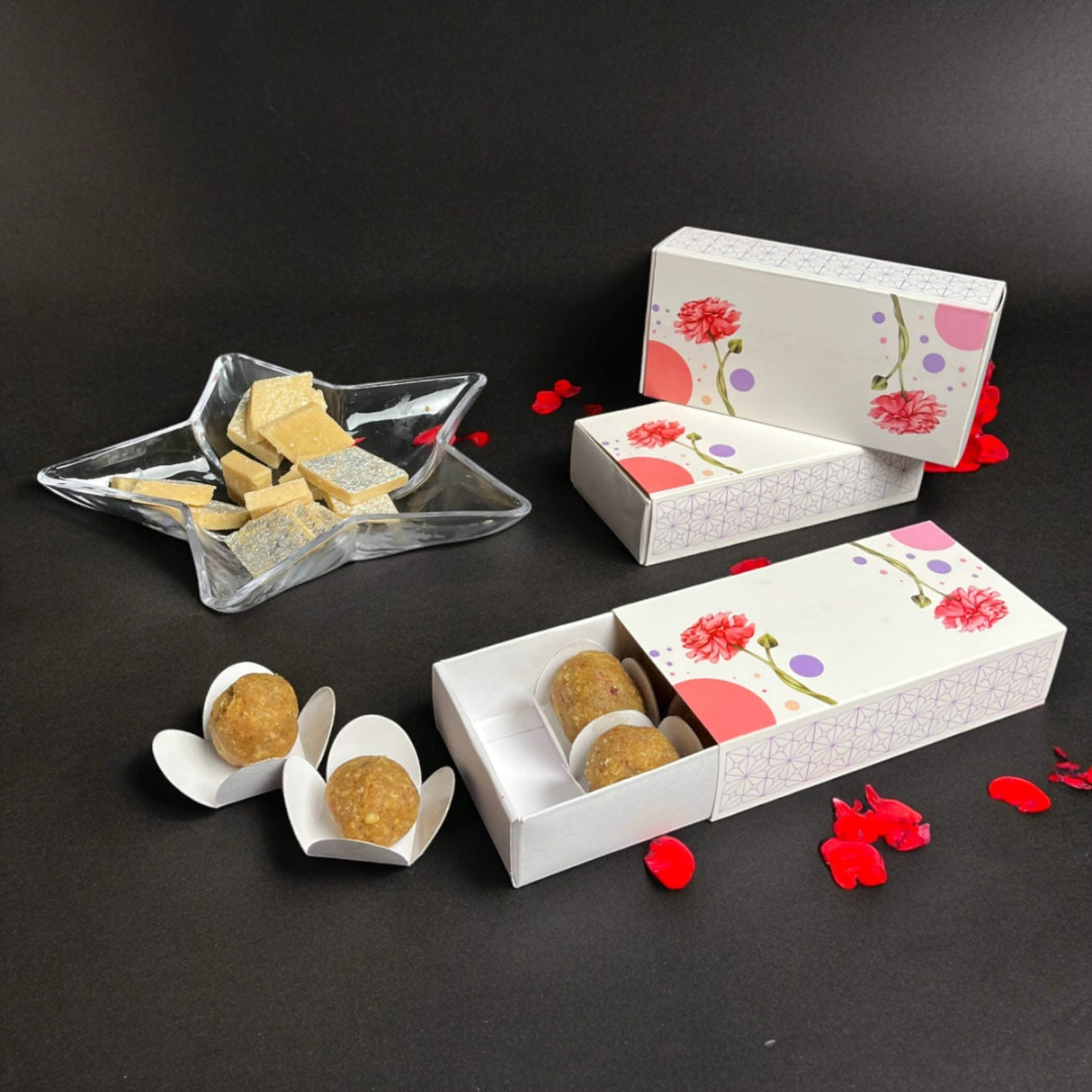 Sweet Boxes for Indian Sweets Peony Flower Design Empty Mithai Box with Lid for Cookies Goodies Candy Handmade Bulk Favor Boxes for Wedding Pooja Baby Shower Housewarming Return Gifts - LoveNspire