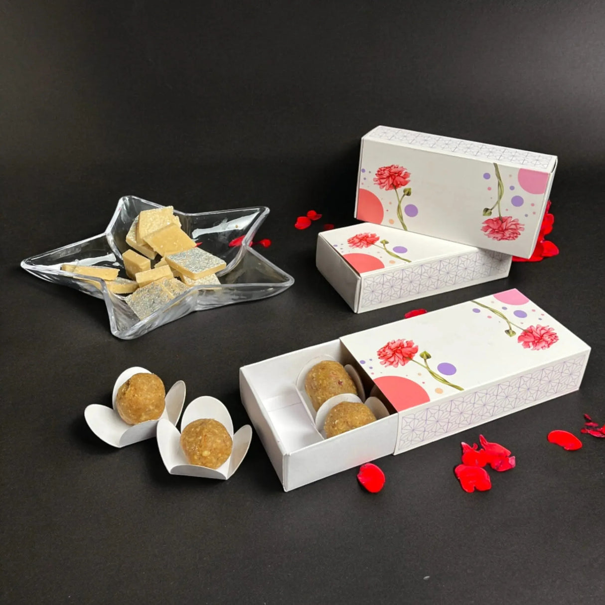 Sweet Boxes for Indian Sweets Peony Flower Design Empty Mithai Box with Lid for Cookies Goodies Candy Handmade Bulk Favor Boxes for Wedding Pooja Baby Shower Housewarming Return Gifts - LoveNspire