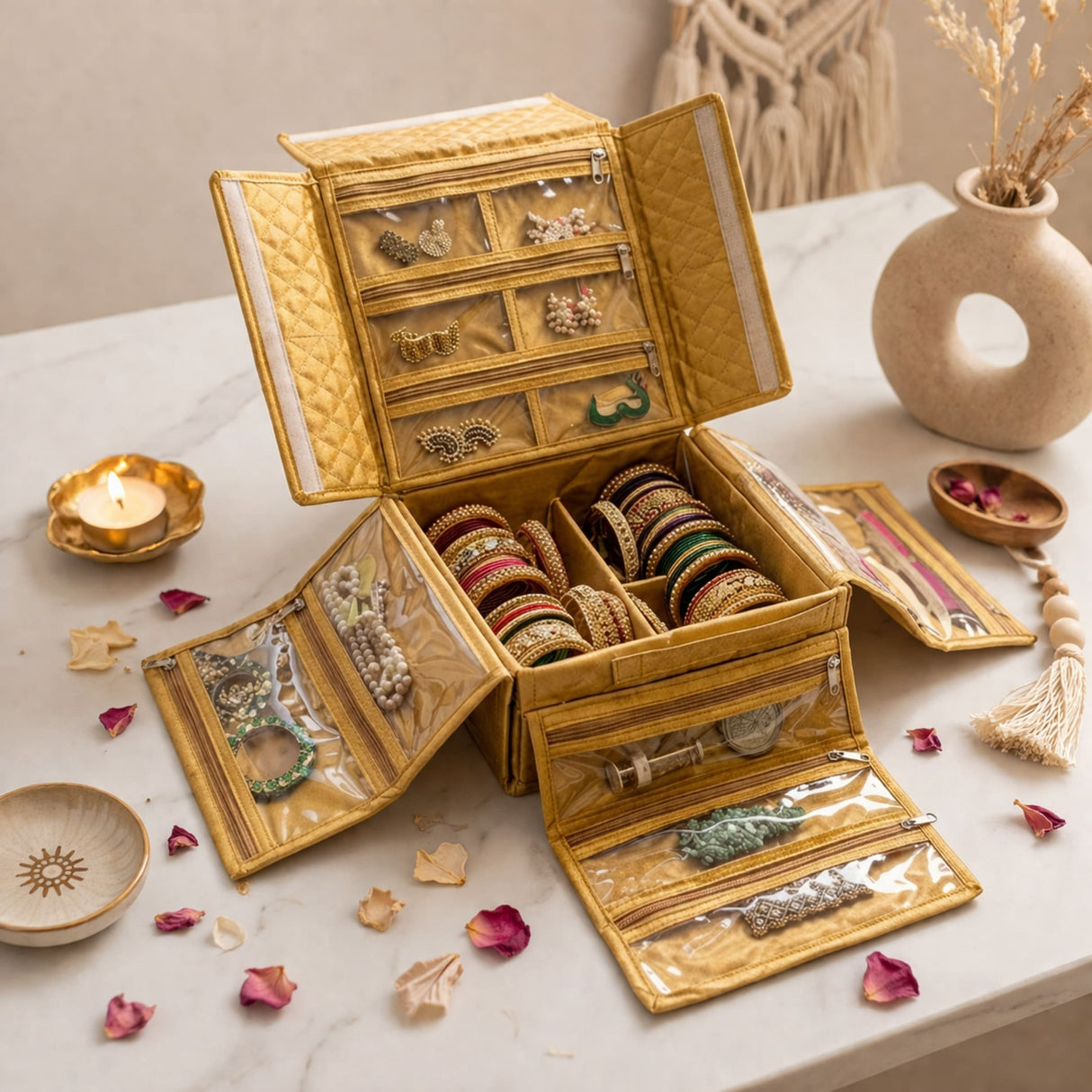 Gold quilted handmade jewelry organizer with transparent zippered pockets holding colorful bangles earrings and necklaces
