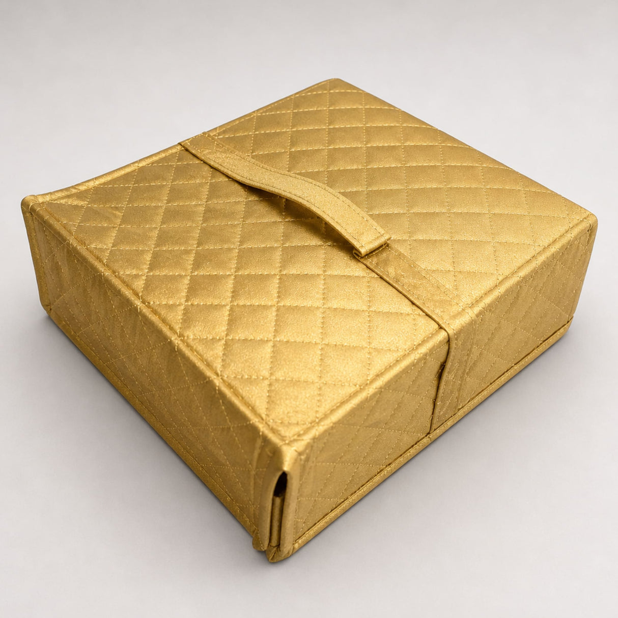 Gold quilted fabric jewelry box with matching handle handmade organizer foldable travel kit with transparent pockets