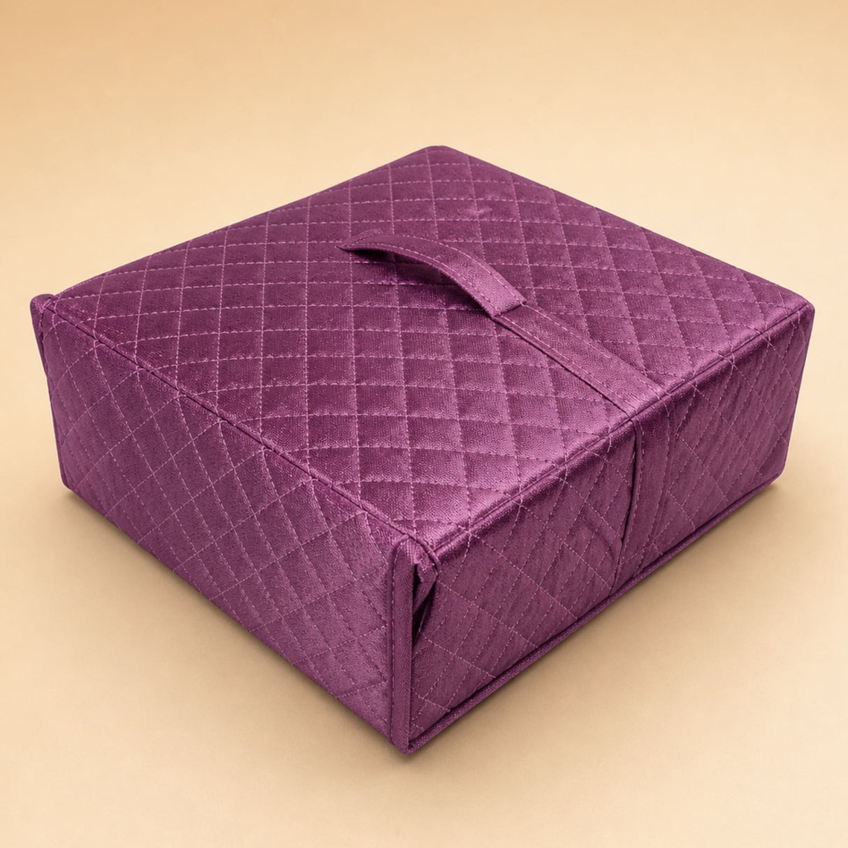 Purple quilted fabric storage box with top handle handmade jewelry organizer foldable travel kit with transparent pockets