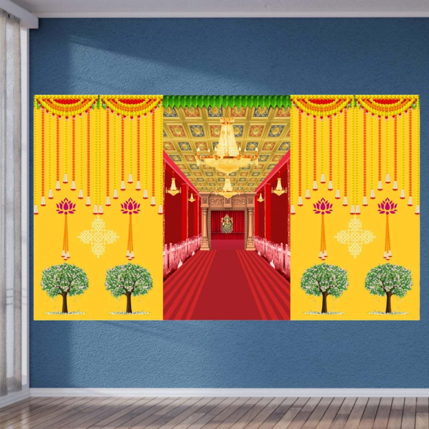 Ganesha Backdrop Indian Traditional Cloth 5x8 Feet Backdrop Pooja Banner Indian Wall Art Photo Decor Banner Diwali Decor Wedding Backdrop Decorative Pooja Cloth - LoveNspire