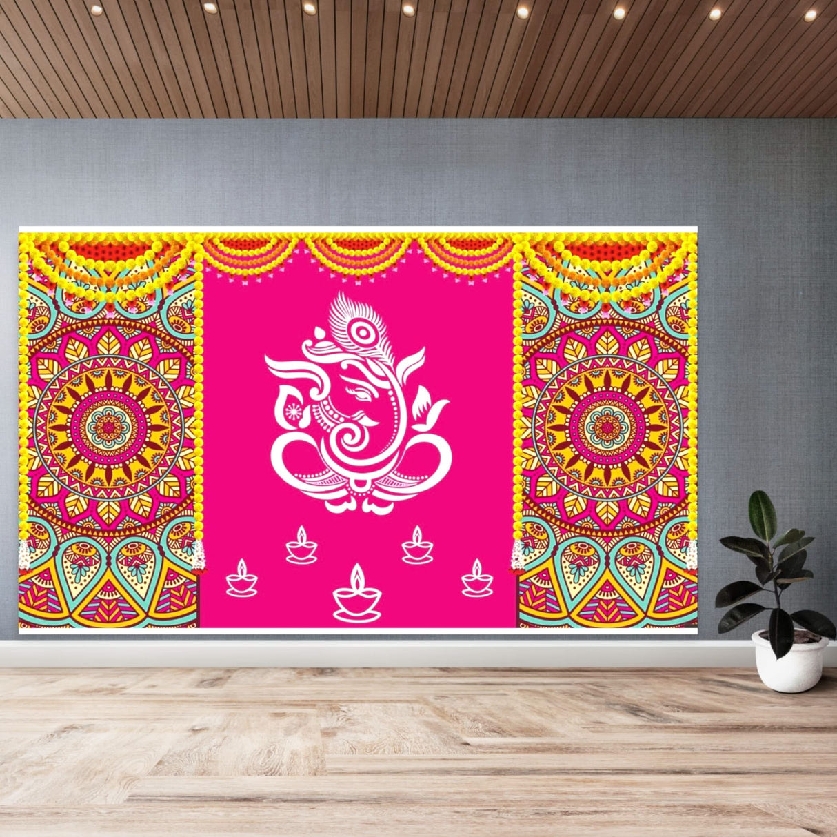 Lord Ganesh Backdrop 5x8 Feet Indian Traditional Cloth Backdrop Pooja Backdrop Indian Wall Art Photo Decor Banner Diwali Decor Wedding Backdrop Decorative Cloth Housewarming Gift - LoveNspire