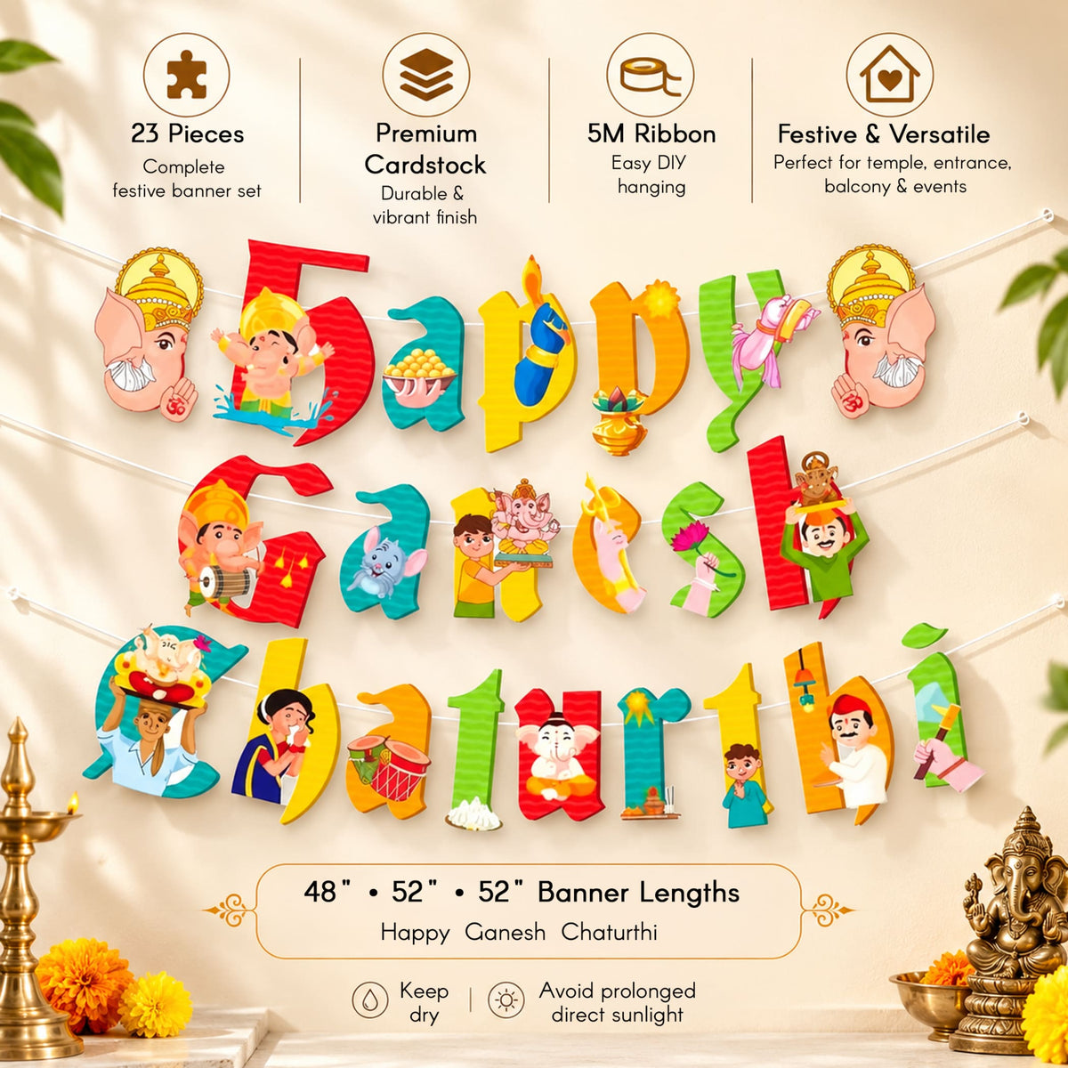 Colorful happy ganesh chaturthi festive banner with cartoon ganesha and cultural figures on premium cardstock for indoor outdoor decoration