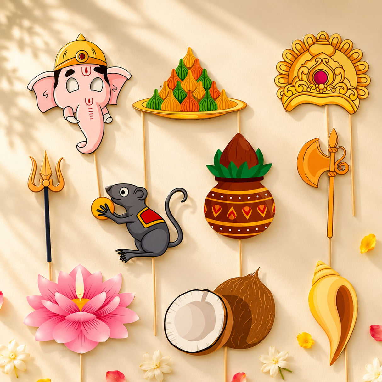 Pink cartoon ganesha head decoration with golden crown and red dot for ganesh chaturthi photobooth props set